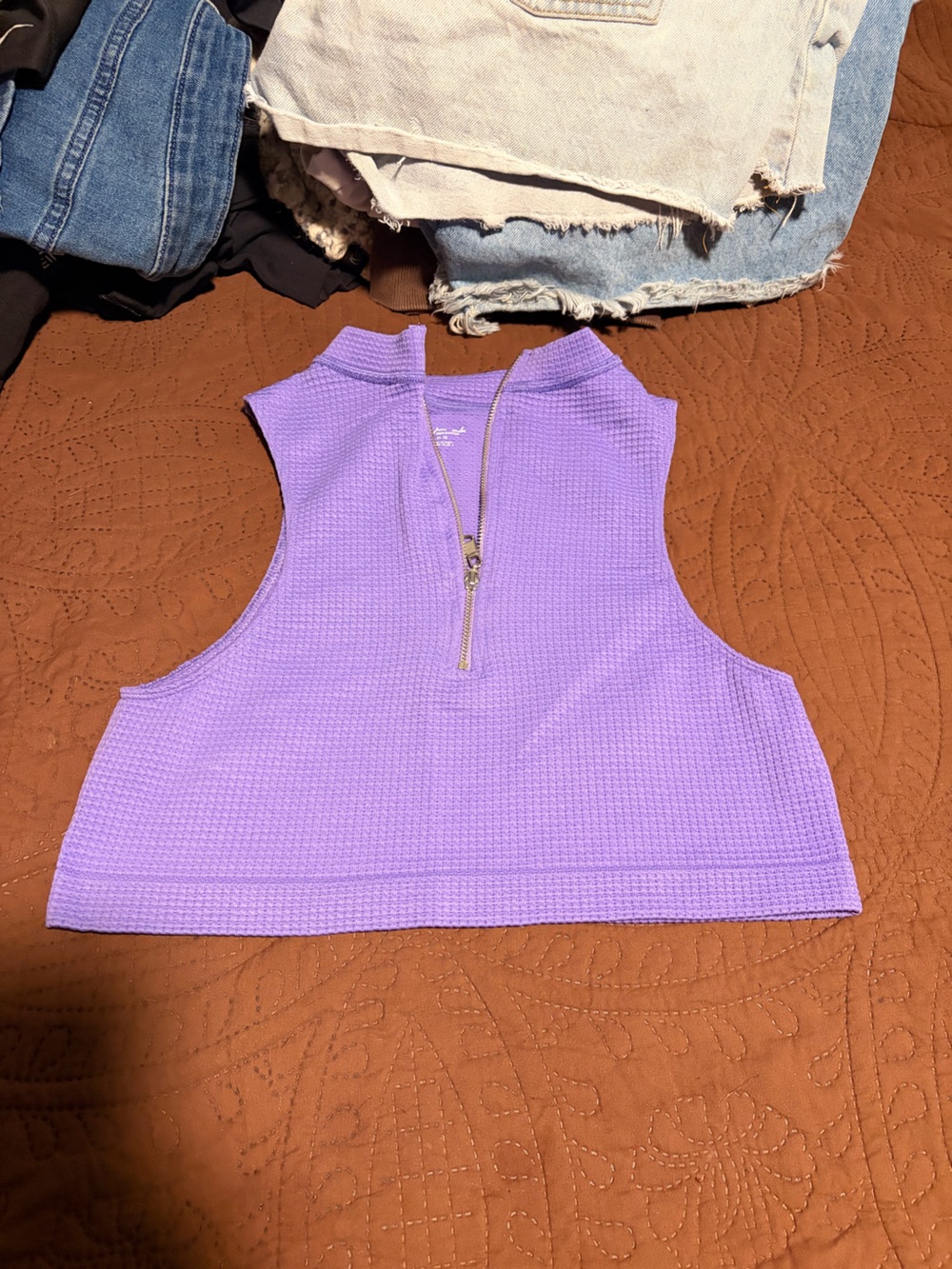 Urban Outfitters Lavender Waffle Zip Mock-Neck Crop Tank